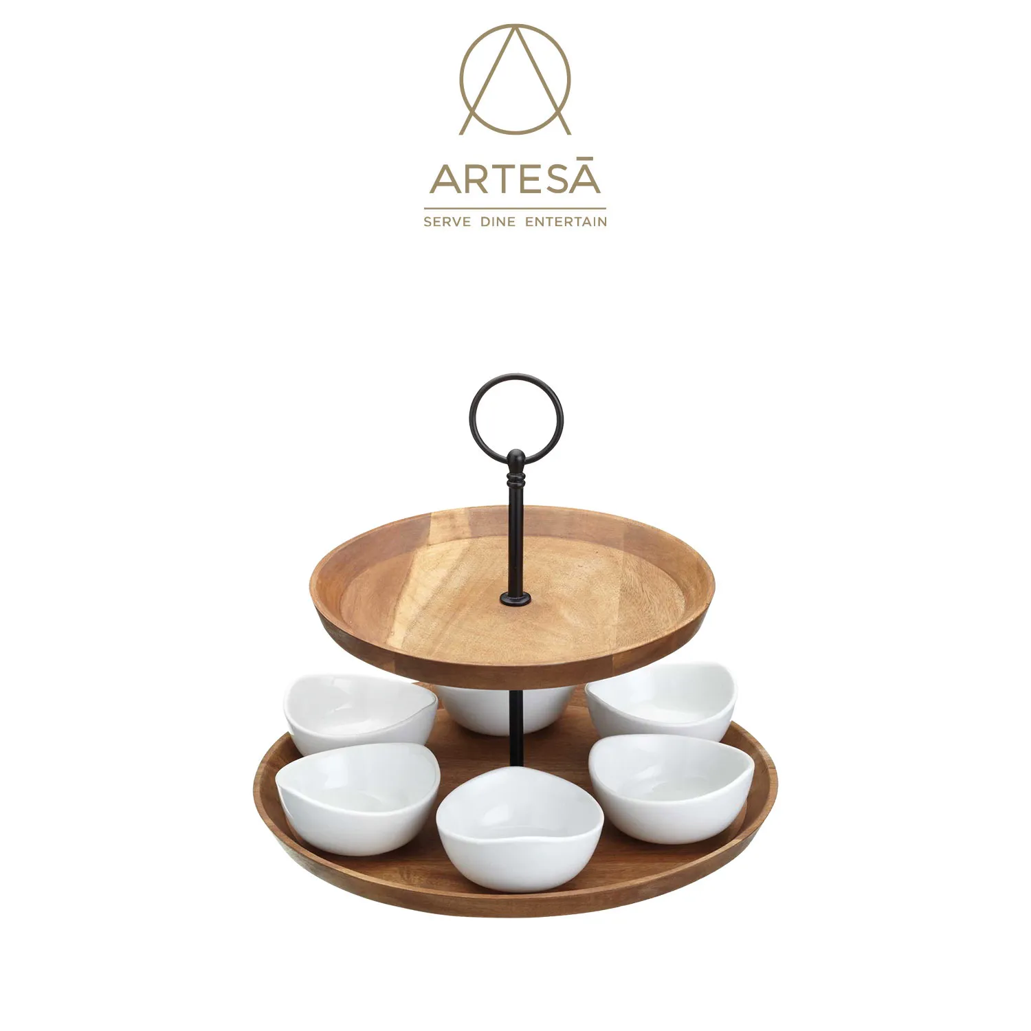 Artesa 아카시아나무 2단 서빙 세트(6pc 세라믹볼 포함) 25x24cm(업체별도 무료배송)