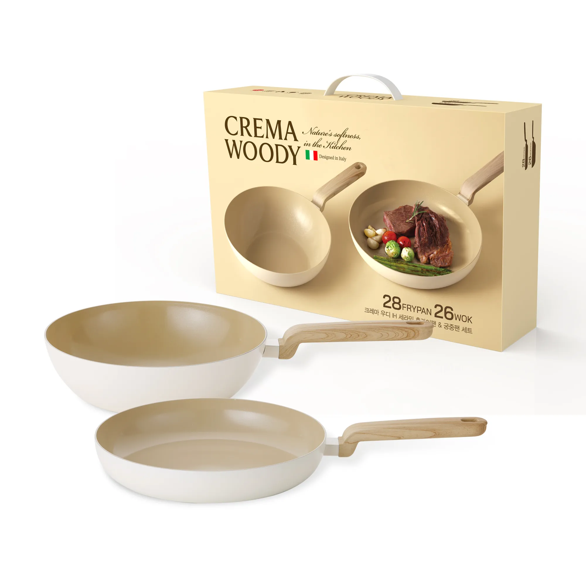 [리빙아트] 눌어붙지 않는 세라믹코팅 크레마우디 IH 프라이팬 28cm + 궁중팬 26cm 2종세트 (업체별도 무료배송)